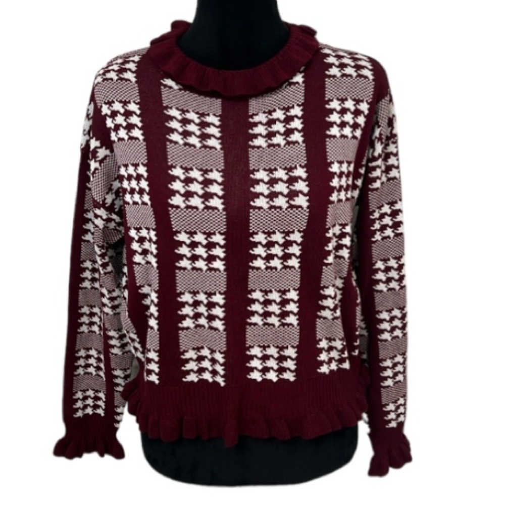 Shein Houndstooth Ruffle Lightweight Sweater